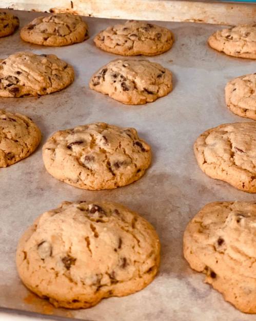 Freshly baked chocolate chip cookies on a parchment-lined baking sheet, golden brown and slightly puffy.