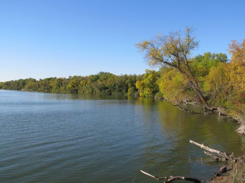 A serene river scene with lush green trees and autumn foliage along the water's edge under a clear blue sky.