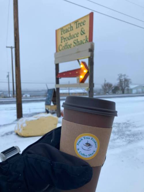 A hand holding a coffee cup in front of a snowy roadside sign for Peach Tree Produce & Coffee Shack.