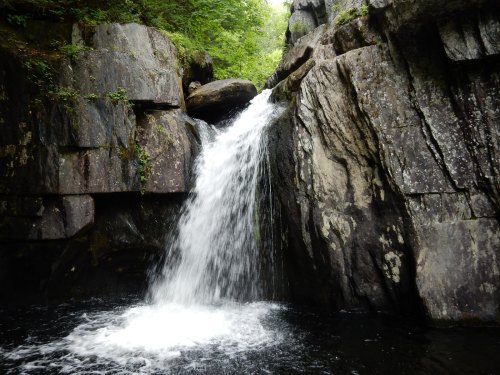 A serene waterfall cascading over rocky cliffs into a dark pool, surrounded by lush greenery.
