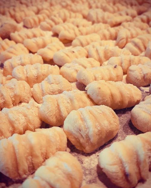 A close-up of freshly made gnocchi arranged on a surface, dusted with flour.