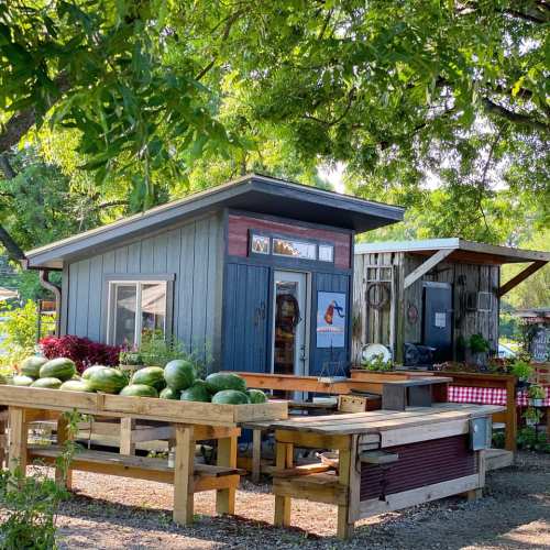 A small market stand with watermelons outside, surrounded by greenery and rustic wooden structures.