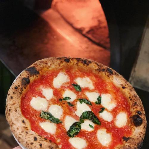 A freshly baked pizza with mozzarella, basil, and a rich tomato sauce, held near a wood-fired oven.