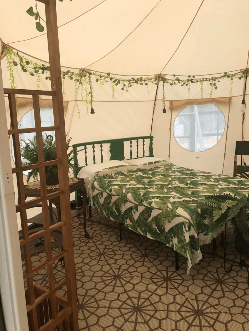 Cozy tent interior with a green bed, leafy bedding, and decorative plants hanging from the ceiling.