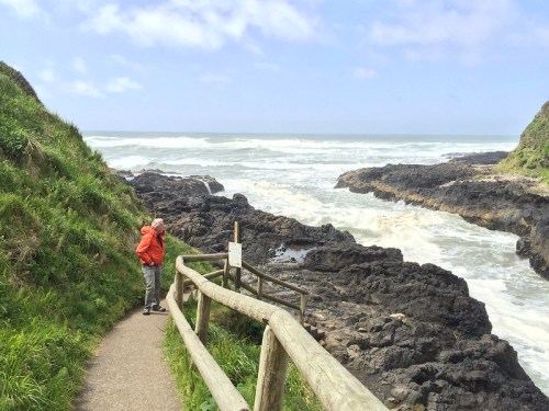 A person in an orange jacket stands on a path by rocky shores, overlooking turbulent ocean waves under a cloudy sky.