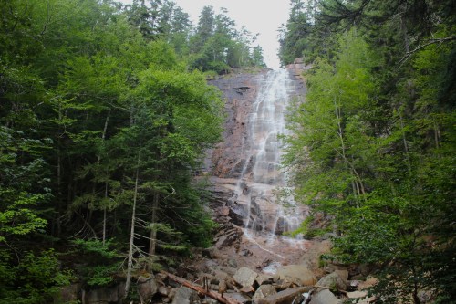 A cascading waterfall flows down rocky cliffs, surrounded by lush green trees and foliage.