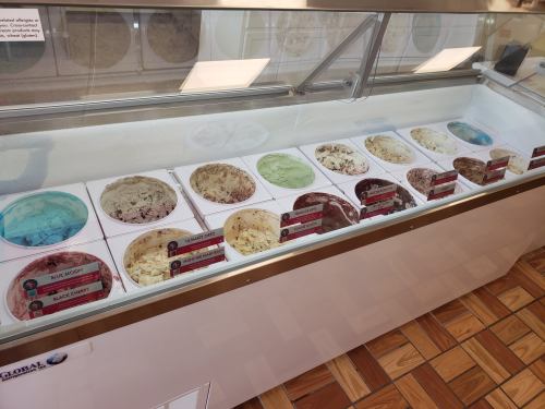 A display of various ice cream flavors in tubs, labeled with names, in a shop setting.