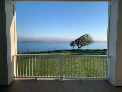 A serene view of a calm sea and a lone tree framed by a white railing and open doorway.