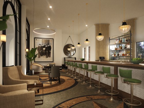 A stylish bar area with green stools, elegant lighting, and a large mirror, featuring comfortable seating and decorative plants.