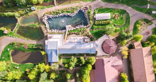 Aerial view of a landscaped area featuring a pond, pathways, and buildings surrounded by trees.