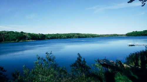 A serene lake surrounded by lush greenery under a clear blue sky, with a small dock visible on the shore.