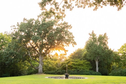 A serene garden scene featuring a fountain surrounded by lush greenery and a sunset in the background.