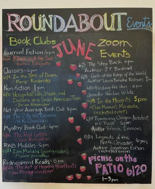 A bulletin board listing June events for Roundabout, including book clubs and Zoom meetings with dates and titles.