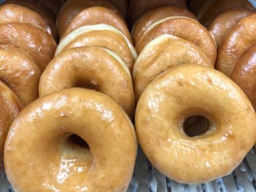A close-up of freshly glazed donuts arranged in a row, showcasing their shiny, golden-brown surfaces.