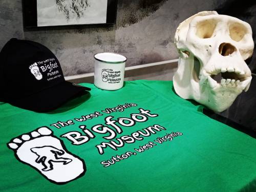 A green t-shirt, black cap, mug, and a skull display, all featuring the West Virginia Bigfoot Museum logo.