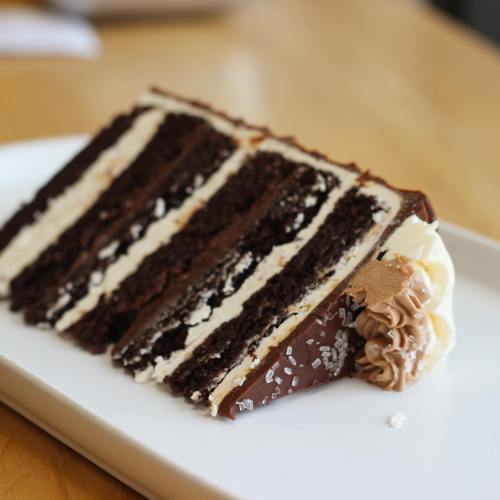 A slice of layered chocolate cake with creamy frosting and a decorative swirl on a white plate.