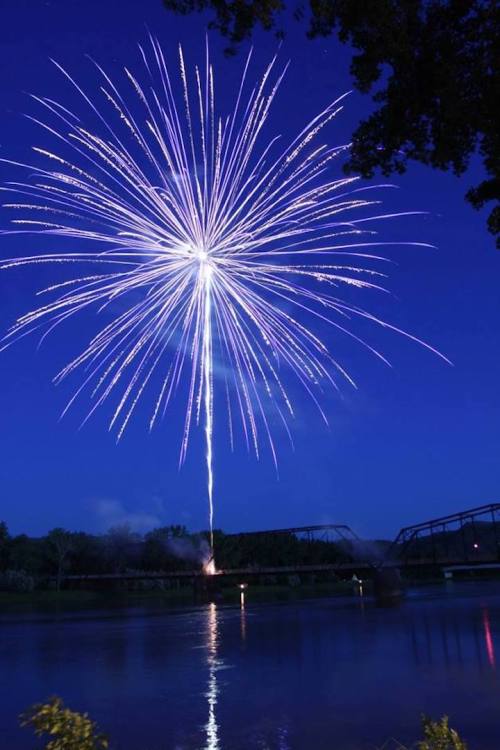 A vibrant firework explodes in the night sky over a calm river, reflecting colorful lights against a blue backdrop.