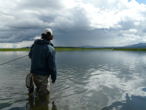 A person stands in shallow water, fishing with a net, under a cloudy sky with distant mountains.