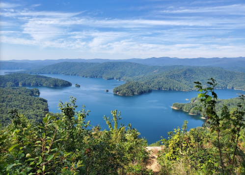 A scenic view of a blue lake surrounded by lush green hills and mountains under a clear blue sky.