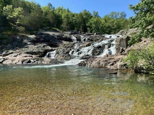 A serene waterfall cascades over rocks into a clear pool, surrounded by lush greenery under a bright blue sky.
