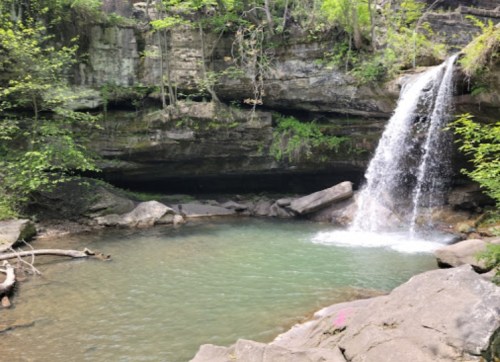 A serene waterfall cascades into a clear pool surrounded by lush greenery and rocky terrain.
