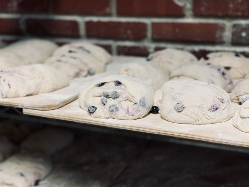 Dough rolls with blueberries resting on a floured surface, set against a brick wall background.