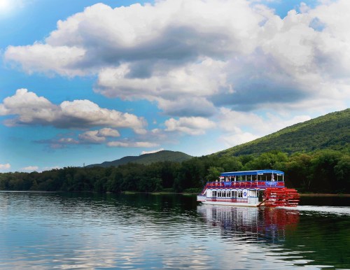 A colorful boat glides on a calm river, surrounded by lush green hills and a blue sky with fluffy clouds.
