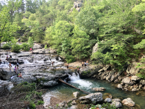 A scenic waterfall surrounded by lush greenery, with people enjoying the water and exploring the rocky landscape.