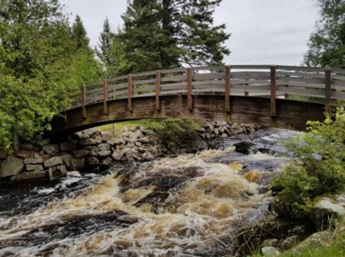 A wooden bridge spans a rushing river, surrounded by lush greenery and rocky banks under a cloudy sky.
