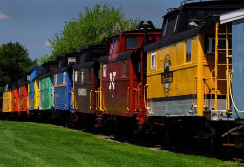 A row of colorful train cabooses lined up on green grass under a clear blue sky.