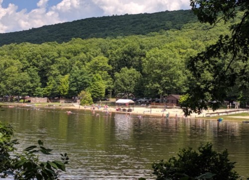 A serene lake scene with a sandy beach, surrounded by lush green trees and people enjoying the water on a sunny day.