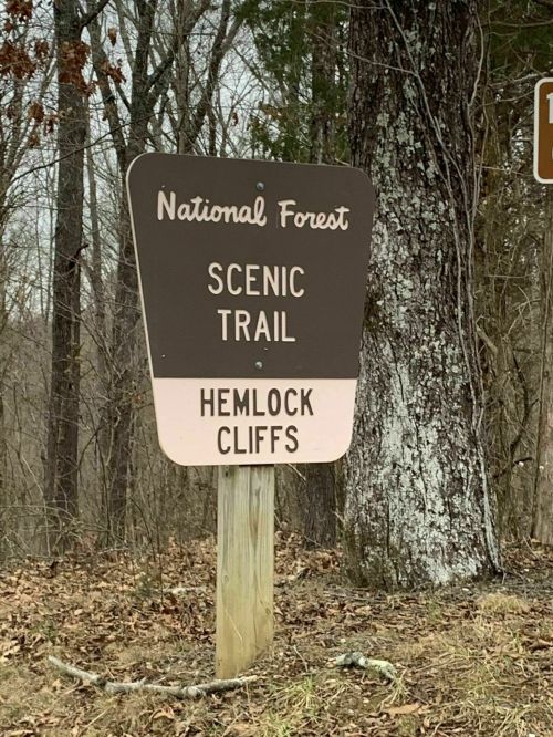 Sign for Hemlock Cliffs Scenic Trail in a national forest, surrounded by trees and natural scenery.