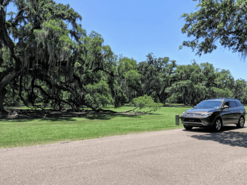A black SUV drives along a gravel road surrounded by lush green trees and Spanish moss in a sunny park.
