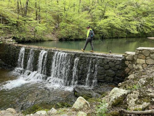 A person walks along a stone bridge over a small waterfall, surrounded by lush green trees and calm water.