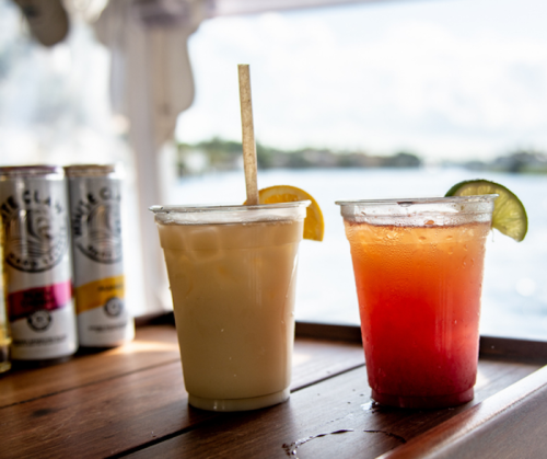 Two cocktails on a wooden table with a scenic water view in the background. One is light-colored, the other is red-orange.