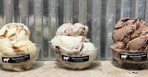 Three ice cream cups from The Frosty Cow: caramel swirl, chocolate mint, and rich chocolate flavors.