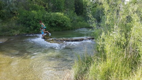 A child and an adult play in a shallow stream, surrounded by lush greenery and rocks.