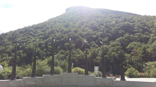 A mountain rises in the background, with a row of tall, dark poles in the foreground against a lush green landscape.