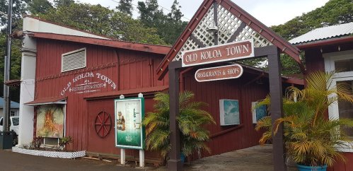 Red wooden buildings with a sign reading "Old Koloa Town" and tropical plants in front. A quaint shopping area.