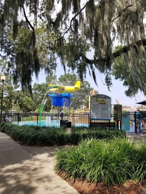 A colorful water play area with a yellow airplane structure, surrounded by greenery and trees.