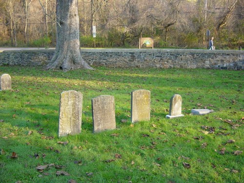 Four weathered gravestones in a grassy area, with a tree and a stone wall in the background.
