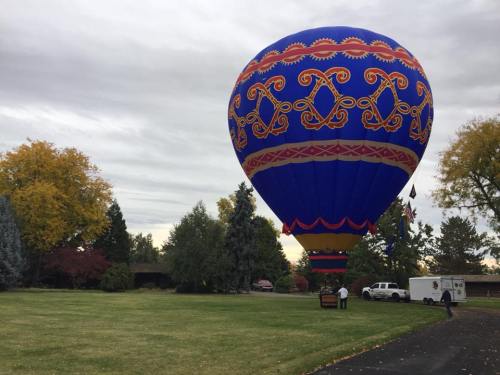 A colorful hot air balloon is inflated on a grassy field, surrounded by trees and a cloudy sky.