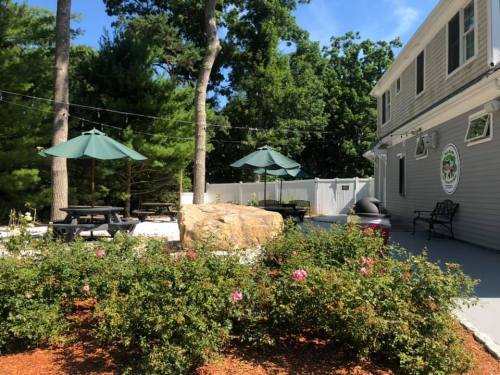 A sunny outdoor area with picnic tables, green umbrellas, and blooming flowers near a building surrounded by trees.