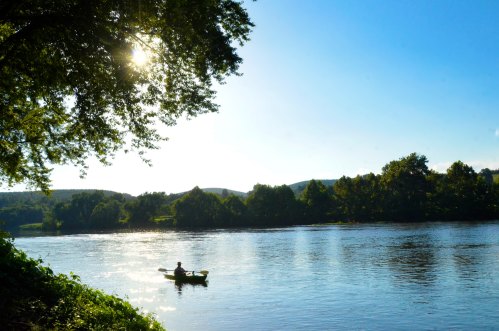 A person kayaking on a calm river surrounded by trees under a clear blue sky. Sunlight glimmers on the water.
