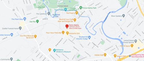Map showing various locations in a city, including restaurants, parks, and a bakery marked in red.