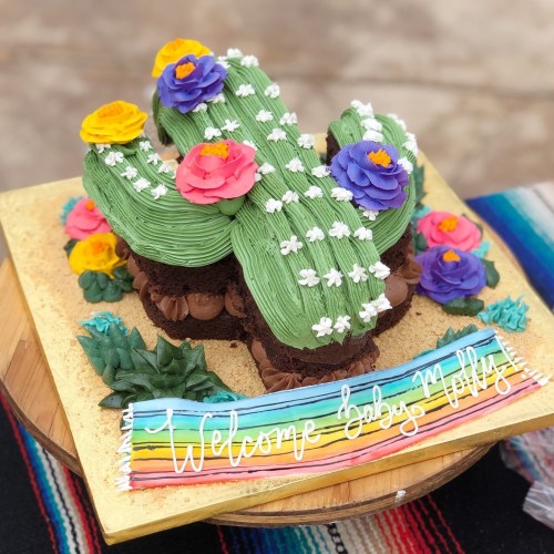 A cactus-shaped cake decorated with colorful flowers and a "Welcome Baby Molly" sign on a wooden platter.