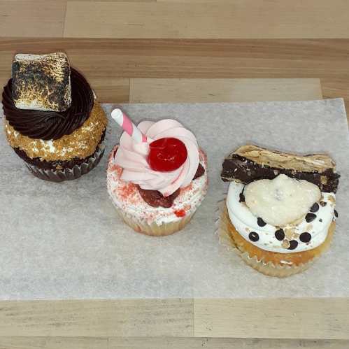 Three colorful cupcakes: one with chocolate frosting and a toasted marshmallow, one with cherry and whipped cream, and one with chocolate chips.
