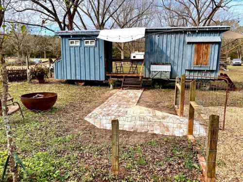 A blue tiny house on wheels with a brick path, surrounded by trees and a garden area.