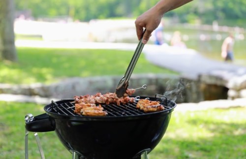A hand using tongs to grill meat on a barbecue in a park by a lake, with greenery in the background.