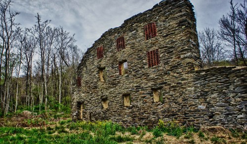 A weathered stone ruin surrounded by trees and overgrown grass under a cloudy sky.